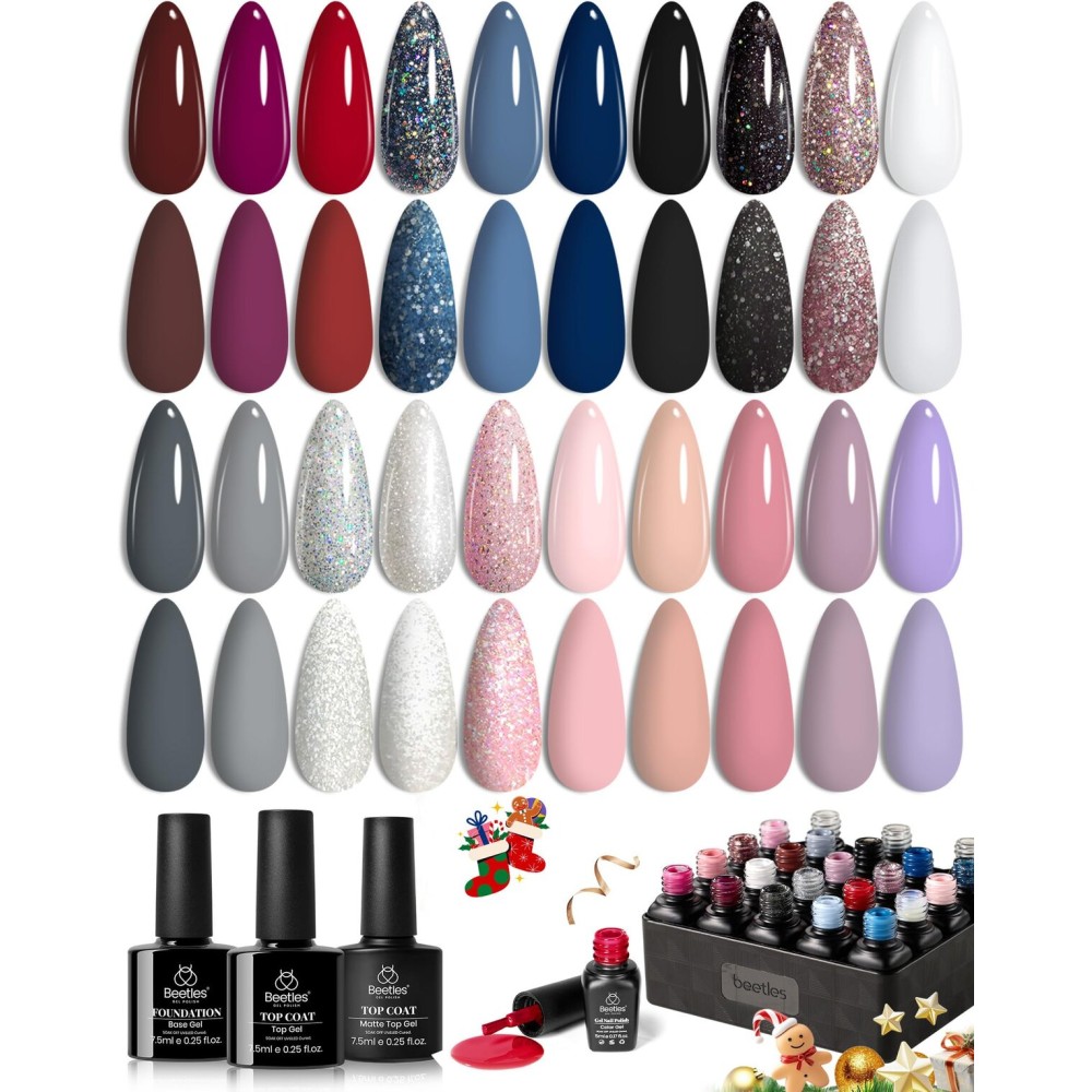 beetles Gel Polish Kit, Nude Gray Pink Blue Burgundy Glitter Gel Polish Set Modern Muse Collection with 3Pcs Base Matte Glossy Top Coat Soak off Uv Gel for Women