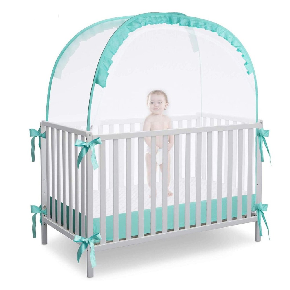 L RUNNZER Crib Pop Up Tent Baby Safety Mesh Cover Mosquito Net Toddler Bed Canopy Netting Cover Protect Baby from Biting and Falling, Emerald, 51 x 51 x 27 Inch