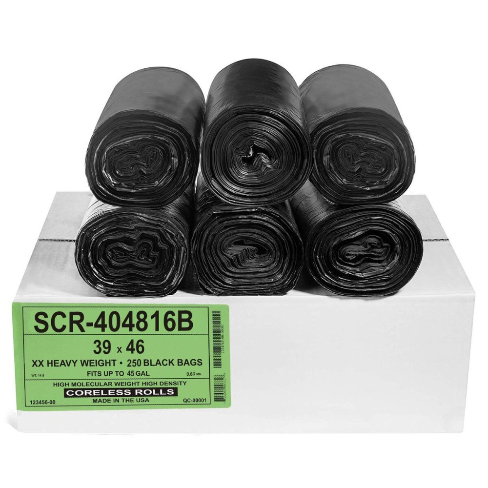 Aluf Plastics 45 Gallon 16 Micron (eq) Black Trash Bags - 39 x 46 for Home, Office, & Bathroom (Pack of 250)