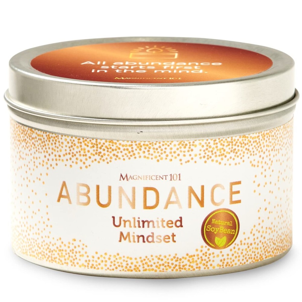 MAGNIFICENT 101 Abundance Manifestation Smudge Candle - 6 Oz Soy Wax - 35-Hour Burn - Infused with Lemon, Rosemary & Sandalwood - Money Candle for Energy Cleansing
