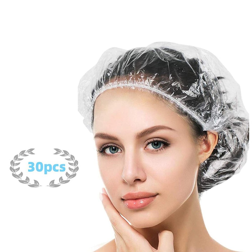 YIZIJIZI 30PCS Disposable Shower Caps, Large Thick Clear Waterproof Shower Cap for Women, large Size 20.5, Home Use, Spa, Hotel and Hair Salon, Clear Shower Caps for Travel