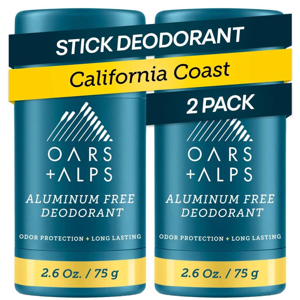 Oars + Alps Deodorant for Men & Women, Aluminum Free Deodorant for Men, Dermatologist Tested, Clean Ingredients, Vegan, Long Lasting, Odor Protection, California Coast, 2pk, 2.6oz