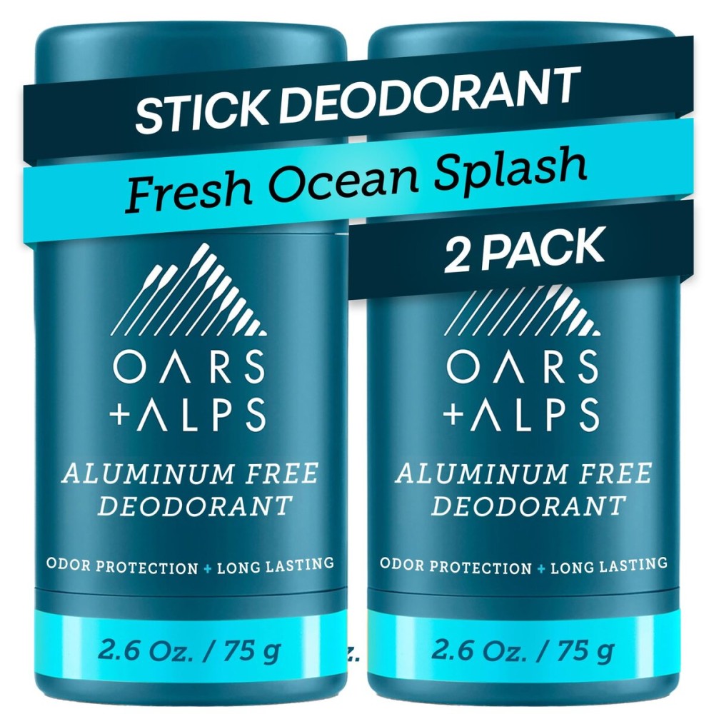 Oars + Alps Deodorant for Men & Women, Aluminum Free Deodorant for Men, Dermatologist Tested, Clean Ingredients, Non Toxic, Vegan, Long Lasting, Odor Protection, Fresh Ocean Splash, 2pk, 2.6oz