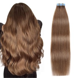 SUYYA Tape in Hair Extensions Chestnut Brown 100% Real Human Hair 12inches 20pcs 40g/pack Straight Seamless Skin Weft Tape Hair Extensions(12 inches 6 Medium Brown)