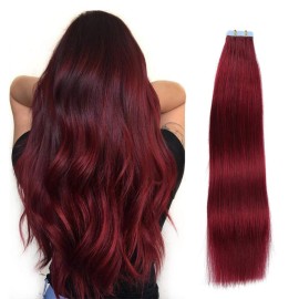 SUYYA Tape in Hair Extensions Burgundy 100% Real Human Hair 12 inches 20pcs 40g/pack Straight Seamless Skin Weft Wine Red Tape Hair Extensions(12 inchesBurgundy)