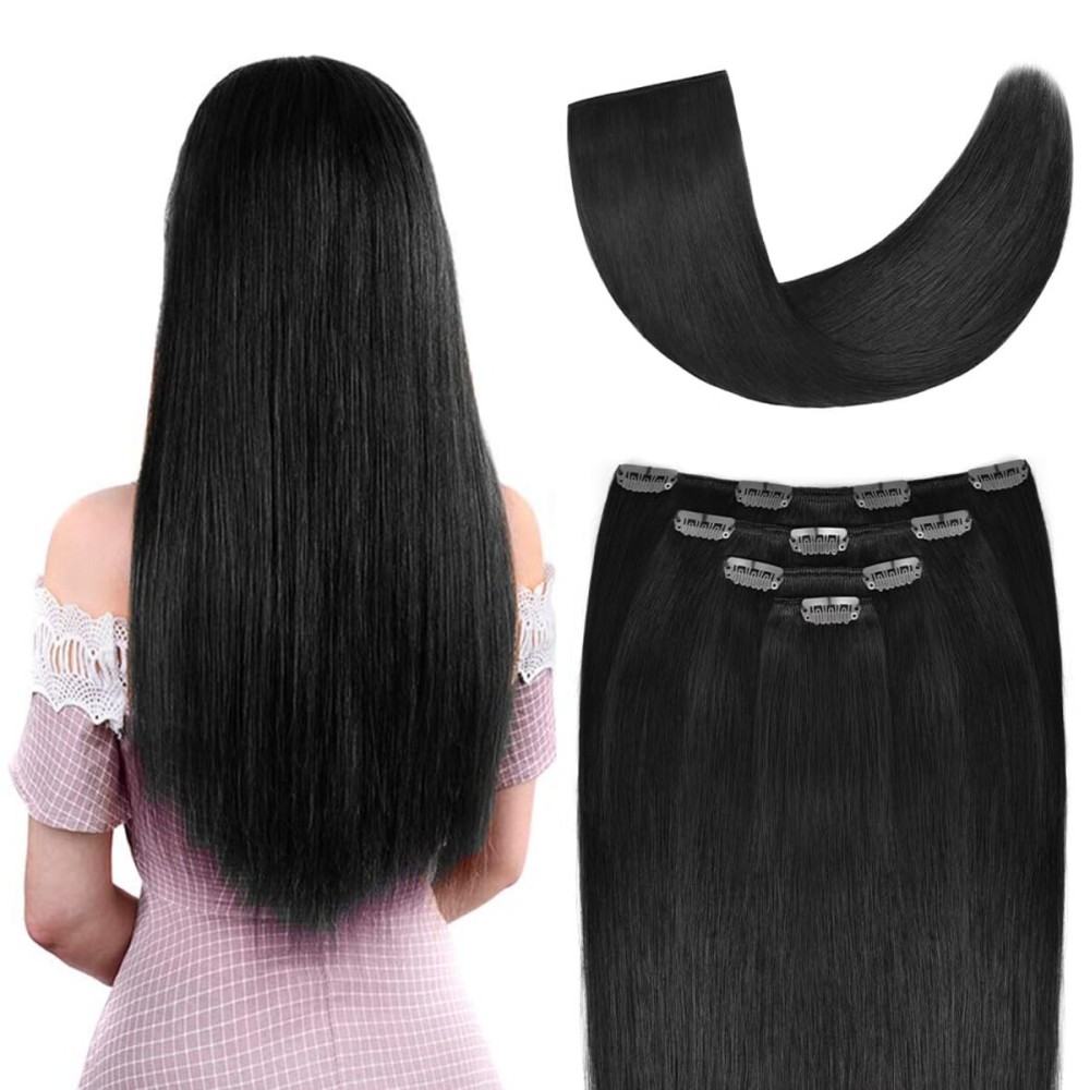 14 Clip in Hair Extensions Real Human Hair for Women - Silky Straight Jet Black Human Hair Clip in Extensions 50grams 4pieces 1 Color