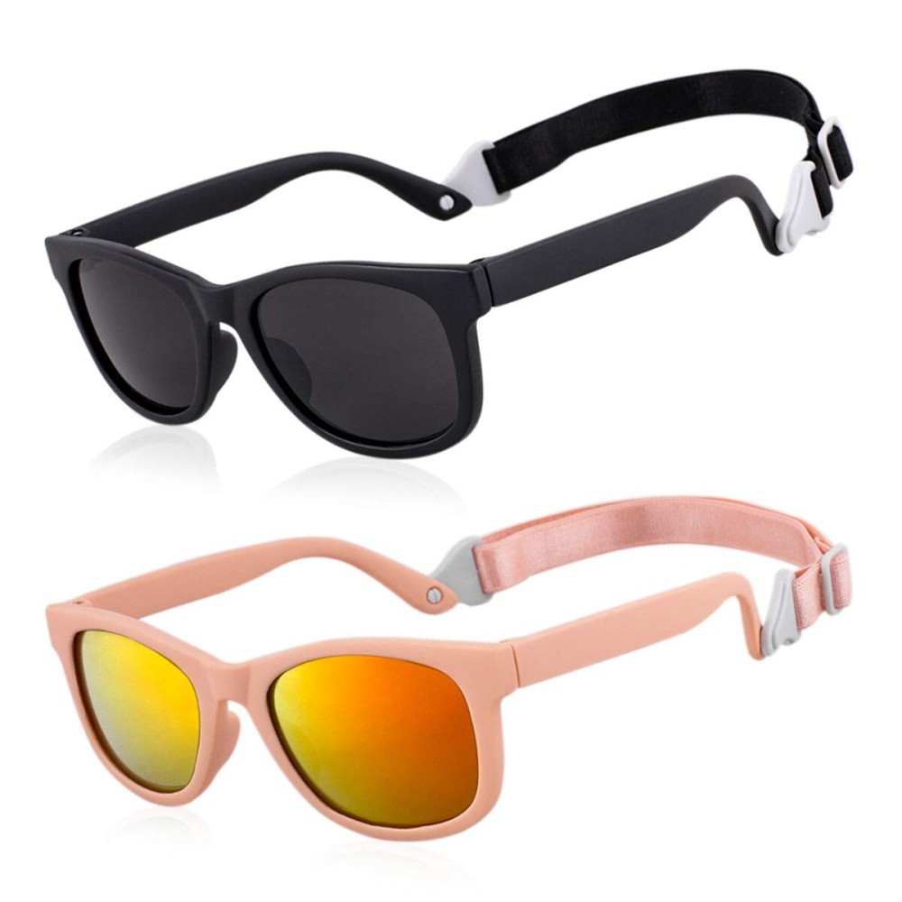 MAXJULI Baby Infant Sunglasses Safe, Soft, With Adjustable Strap 0-24 Months BPA Free (Black/Black+Pink/Colorful
