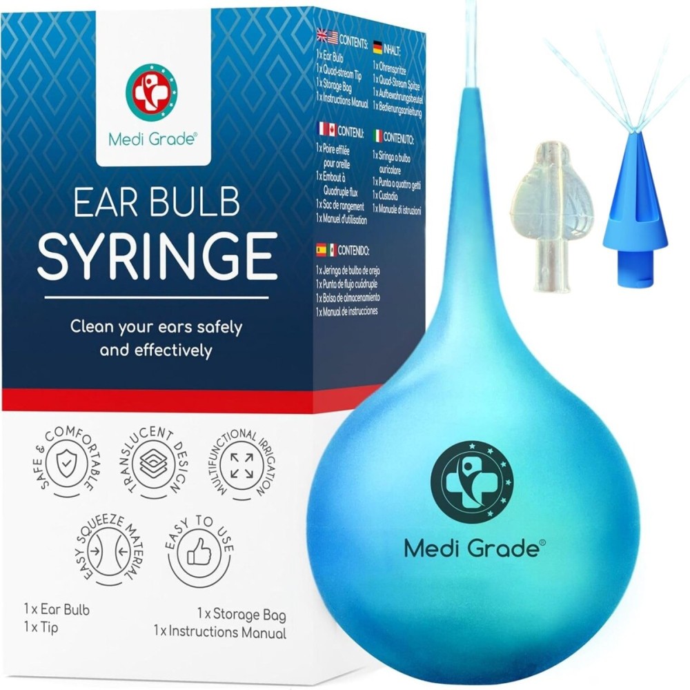 Medi Grade Ear Bulb Syringe 75ml (2.54 fl oz) - Quad Stream Ear Syringe for Ear Irrigation - Gentle Earwax Removal Tool - Bulb Syringe Ear Wax - with Travel Friendly Ear Cleaning Kit
