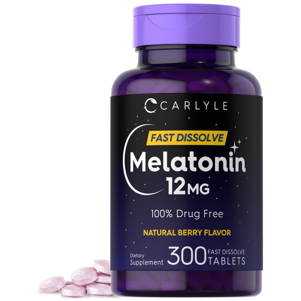 Carlyle Melatonin 12 mg Fast Dissolve 300 Tablets | Drug Free | Natural Berry Flavor | Vegetarian, Non-GMO, Gluten Free