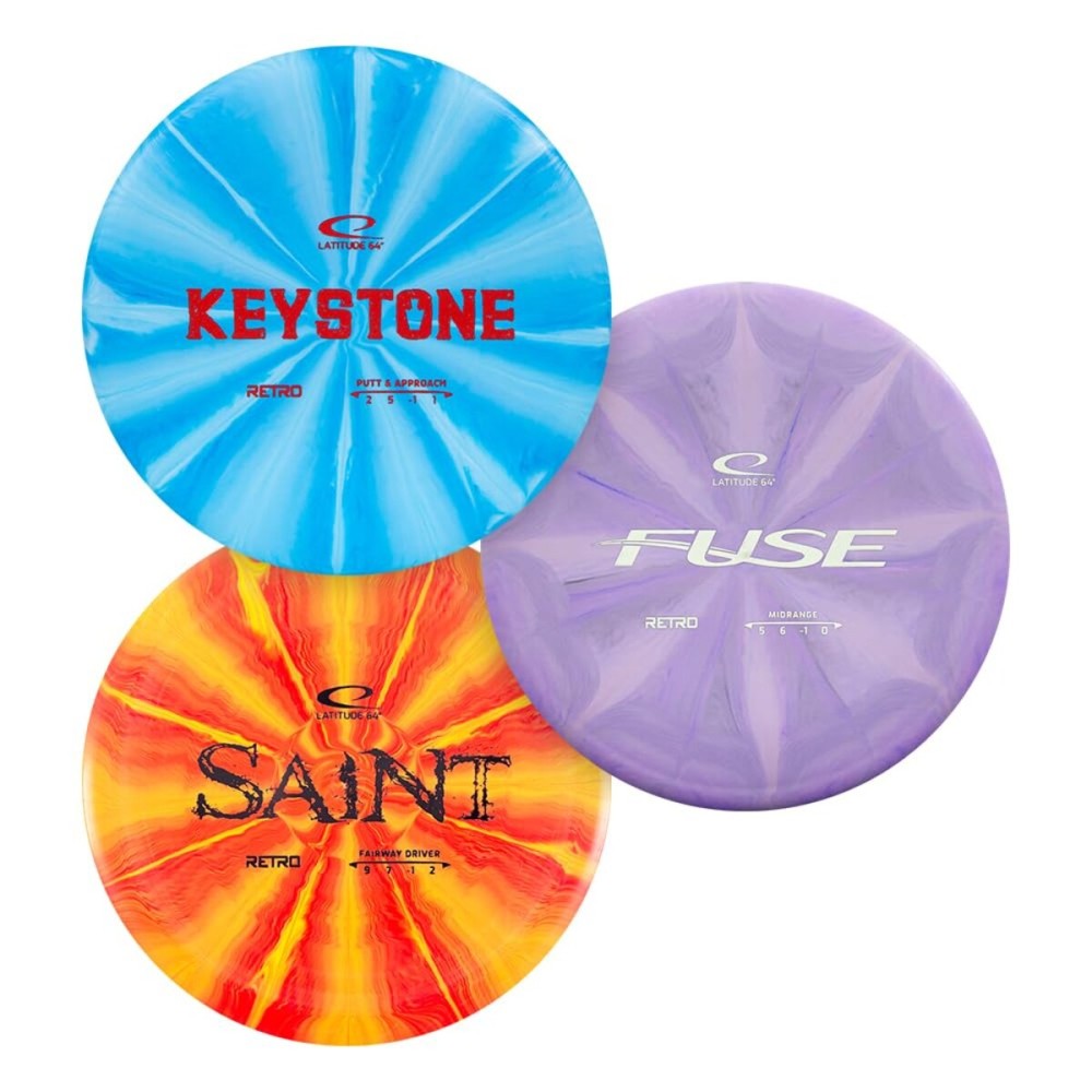 Latitude 64 Retro Burst Disc Golf Starter Set (3-Pack) - Disc Golf Discs Set for New to Intermediate Players | Includes Keystone, Fuse, Saint, Ballista | Grippy Base Plastic | Colors Vary