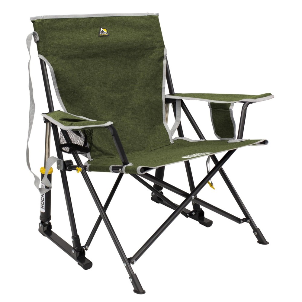 GCI Outdoor Kickback Rocker Camping Chair | Portable Folding Rocking Chair with Durable Armrests, Drink Holder & Relaxed Lowered Seat for Comfort - Loden Green