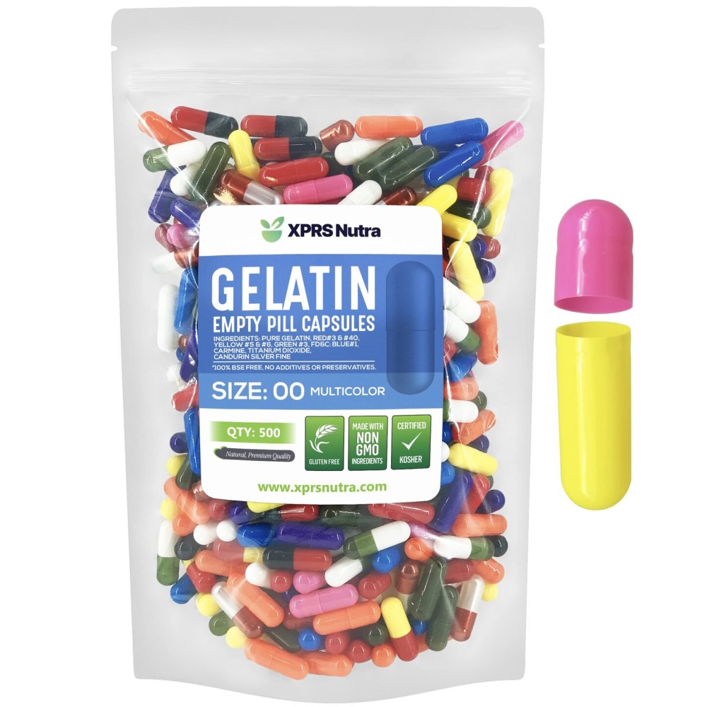 XPRS Nutra Size 00 Empty Capsules - 500 Count Empty Gelatin Capsules - Pill DIY Capsule Filling - Fillable Pill Gel Caps for Do-It-Yourself Supplements (Multi Color)