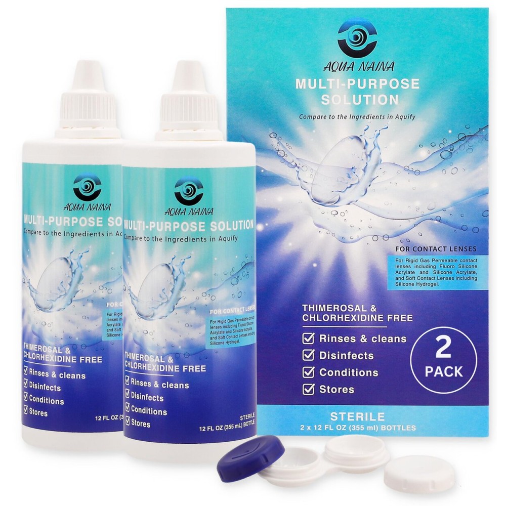 Oculus Curae Aqua Naina Contact Solution - Premium Preservative-Free Formula for Soft, Hard, Scleral & Gas Permeable Lenses - Multi-Purpose Disinfecting Solution with Lens Case, 12 fl oz (Pack of 2)