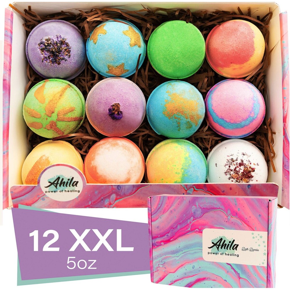 Ahila power of healing 12 XXL Bubbly Organic Bath Bombs Gift Set for Women Men and Kids Designed in Canada Long Lasting Floaters Relaxing Aromatherapy Rich in Pure Essential Oils Healing Properties