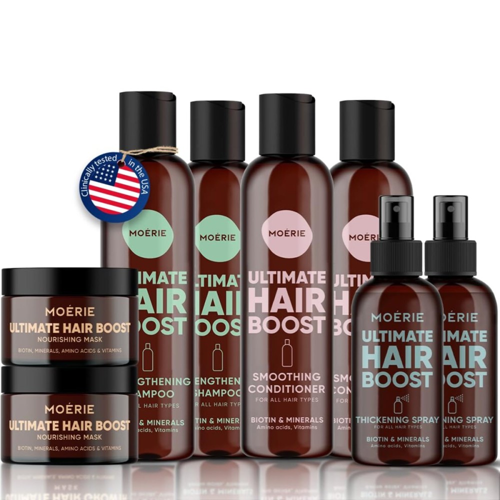 Moerie Shampoo and Conditioner Plus Hair Mask and Hair Spray Mega Pack - The Ultimate Hair Care Set - For Longer, Thicker, Fuller Hair - Volumizing Hair Products - Paraben & Silicone Free - 8 items