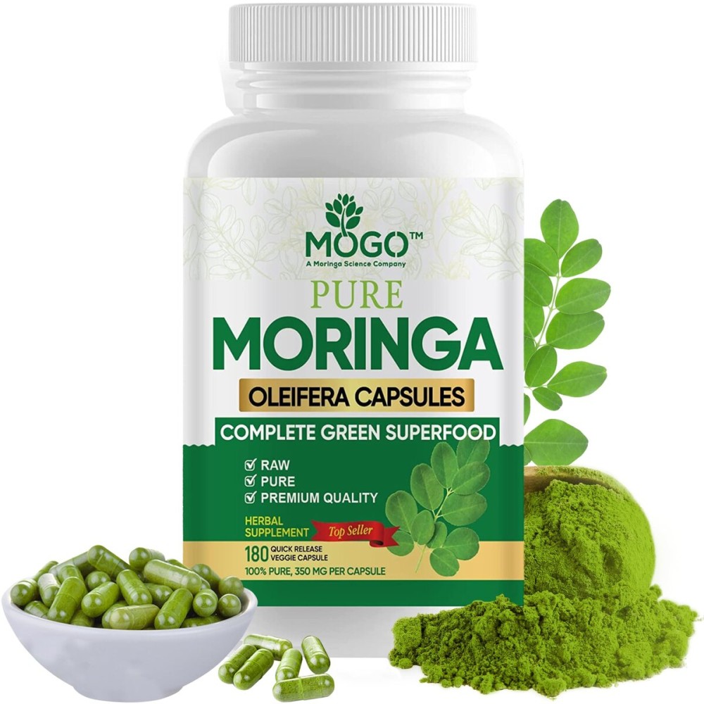 MOGO Moringa Capsules -180 Ct| Boost Energy, Immune, Gut, Joint Support | Made with Pure Organic Moringa Powder Organic Capsules | Made in USA | Antioxidants Rich Complete Green Superfood Supplement