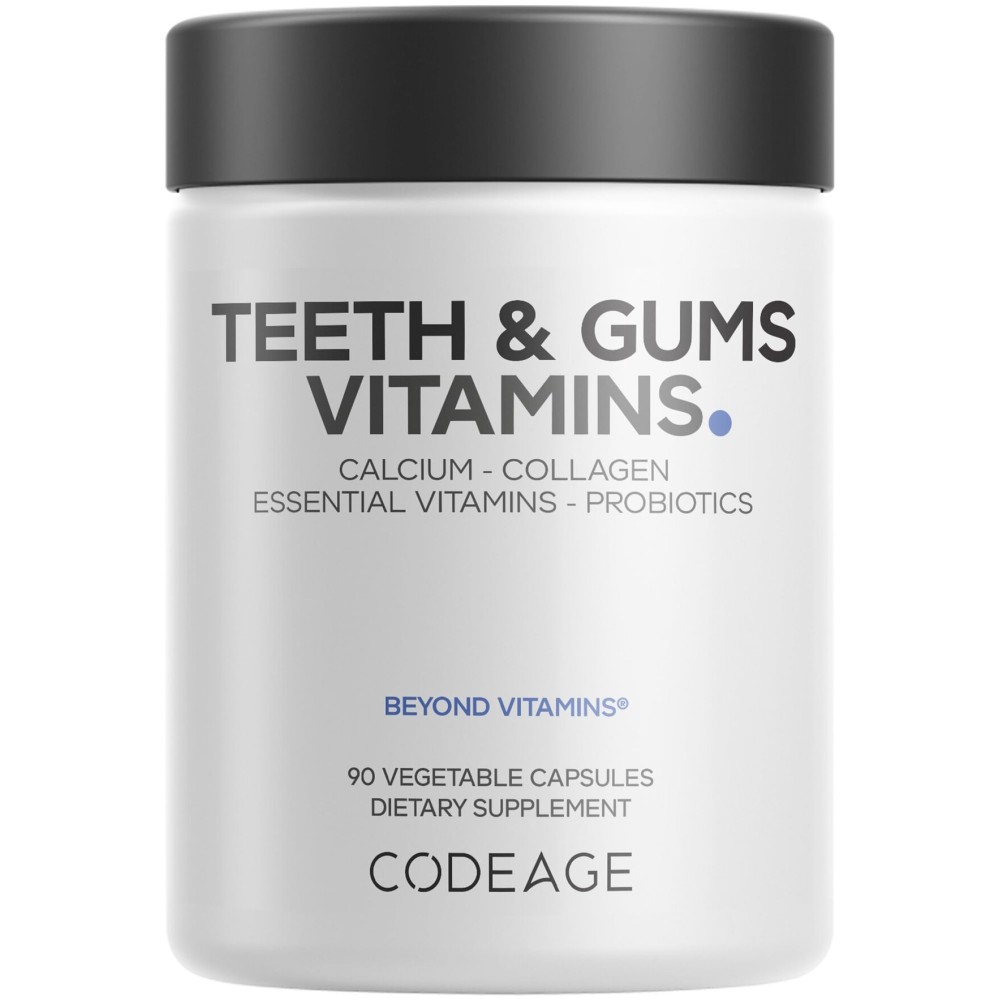 Codeage Teeth & Gums Vitamins + Oral Probiotics Supplement for Mouth - Whole Food Calcium, Collagen, Potassium, Vitamin C, D3, K2, Zinc - Oral Care & Dental Multivitamin Supplements - 90 Capsules
