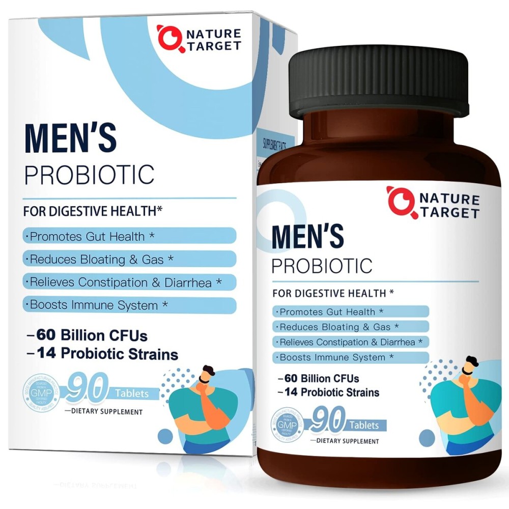 NATURE TARGET Probiotics for Men with Men Care Supplement, Prebiotics & Probiotic for Men\'s Digestive and Immune Health,60 Billion CFUs & 14 Strains Shelf Stable, Gluten & Soy Free (90 Tablets)