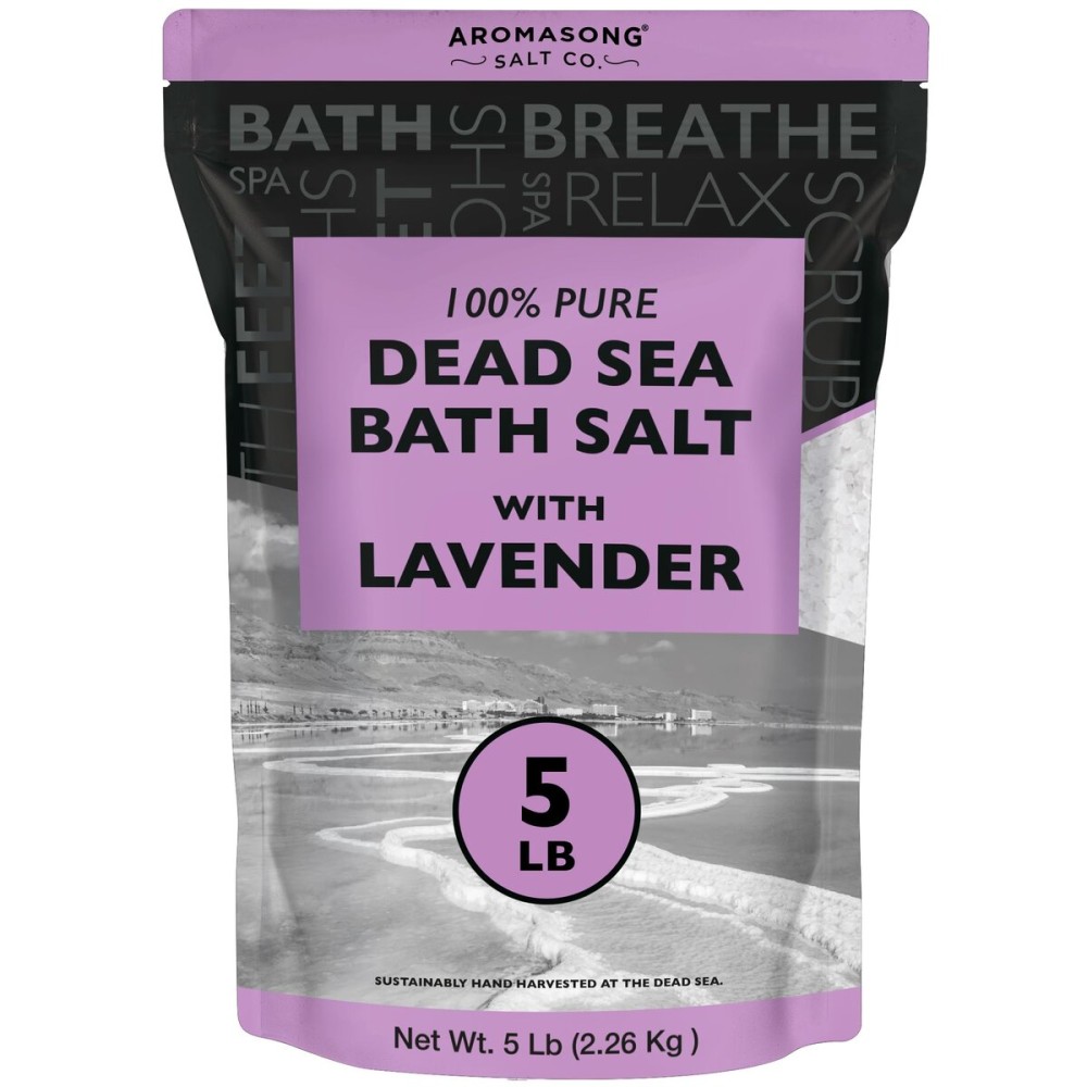 Aromasong Pure Dead Sea Salt for Soaking with 100% Natural Lavender, 5 LB - Spa Bath Salt Fine Grain - Body Wash Scrub - Soak for Women & Men- Bulk Resealable Pack (Packaging May Vary)