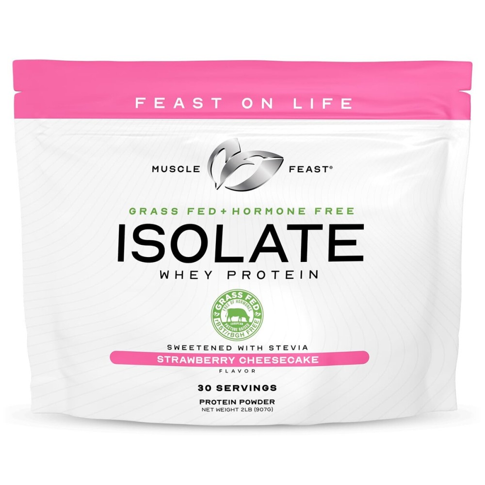Muscle Feast Grass-Fed Whey Protein Isolate, All Natural Hormone Free Pasture Raised, Whey Isolate Protein Powder for Men and Women, Gluten-Free, Delicious Isolate Protein - Strawberry Cheesecake, 2lb