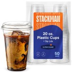 20 oz Clear Plastic Cups with Strawless Sip-Lids [50 Sets] PET Crystal Clear Disposable 16oz Plastic Cups with Lids - Crystal Clear, Durable Cup - BPA Free + Crack Resistant, for Coffee, Juice, Shakes