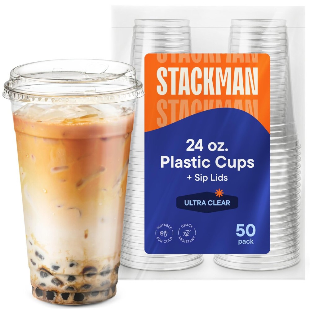 24 oz Clear Plastic Cups with Strawless Sip-Lids [50 Sets] PET Crystal Clear Disposable 16oz Plastic Cups with Lids - Crystal Clear, Durable Cup - BPA Free + Crack Resistant, for Coffee, Juice, Shakes