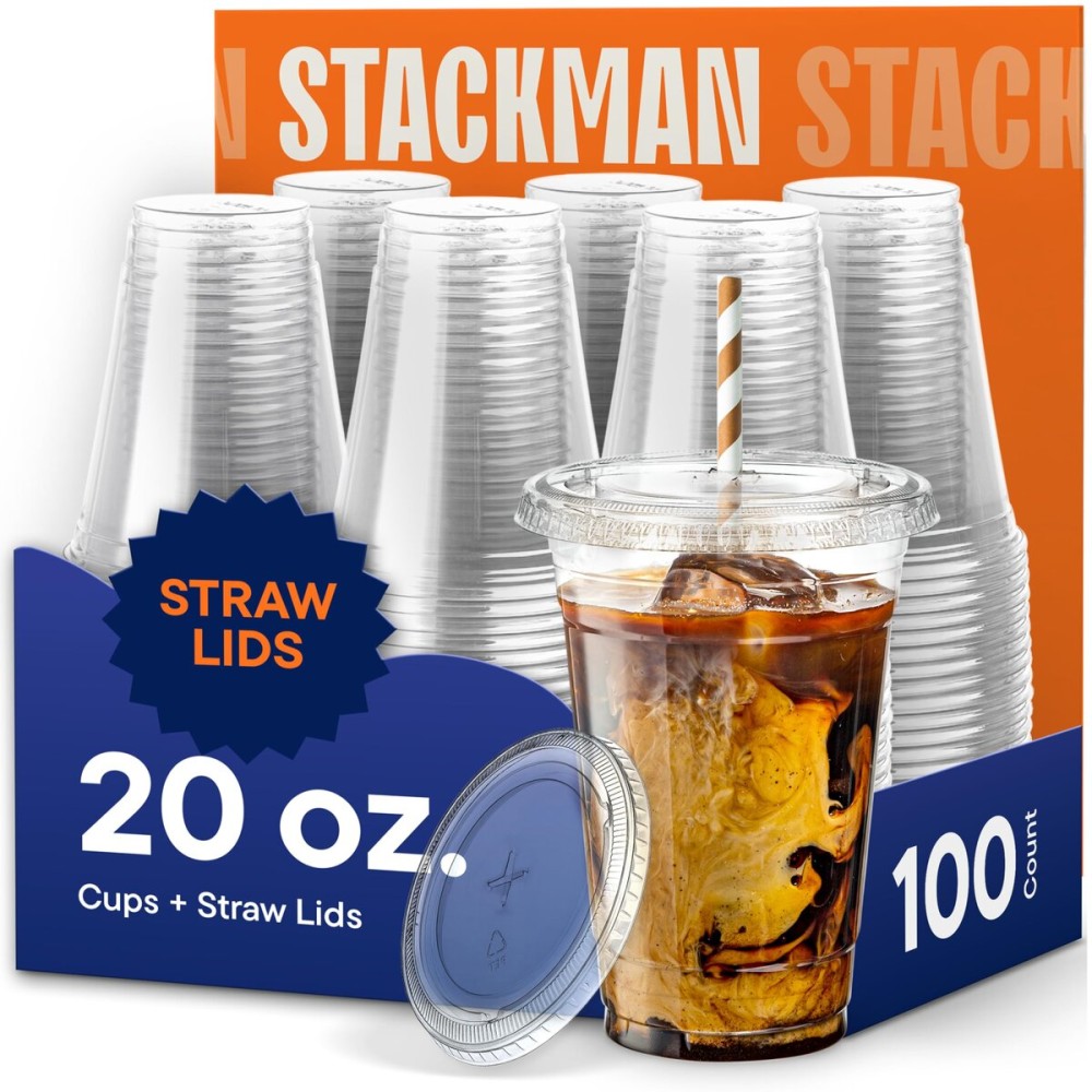 [100 Sets - 20 oz.] Clear Plastic Cups with Straw Slot Lid, PET Crystal Clear Disposable 20oz Plastic Cups with lids