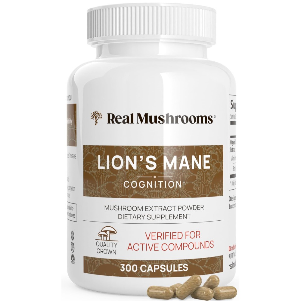 Real Mushrooms Lions Mane Supplement Capsules - Organic Lions Mane Extract for Overall Wellbeing - Beta Glucan Supplements - Vegan 300 ct Mushroom Extract