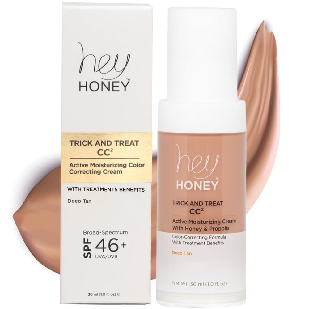 Hey Honey Trick and Treat CC Cream SPF 46 | Active Moisturizing Color Correcting Cream with Honey & Propolis | Best Cover For Rosacea, Skin Redness & Mature Skin | Cruelty-Free | 1 oz (Deep Tan)