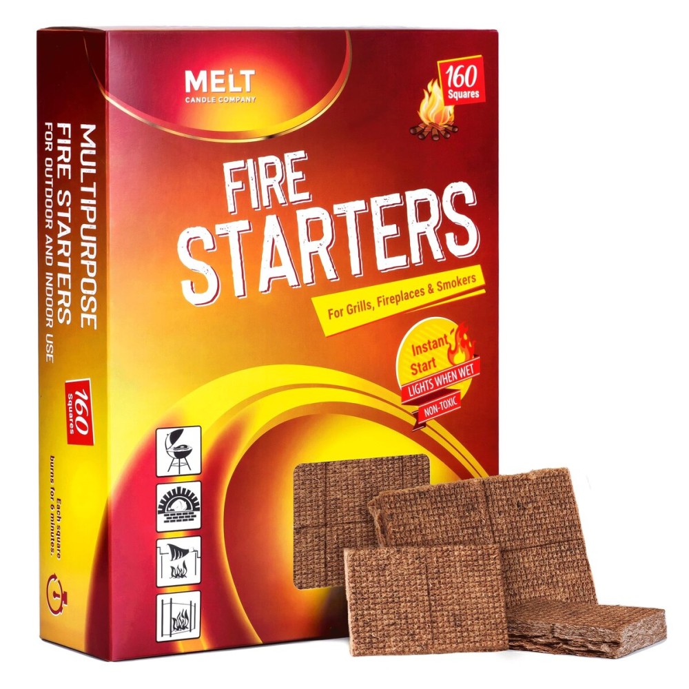 Melt Candle Company Fire Starter Squares, 160 Pieces - Fire Starters Kit for Campfires, Grill, Outdoor Fire Pit, Fireplace, BBQ - Water Resistant & Odorless - Camping Accessories