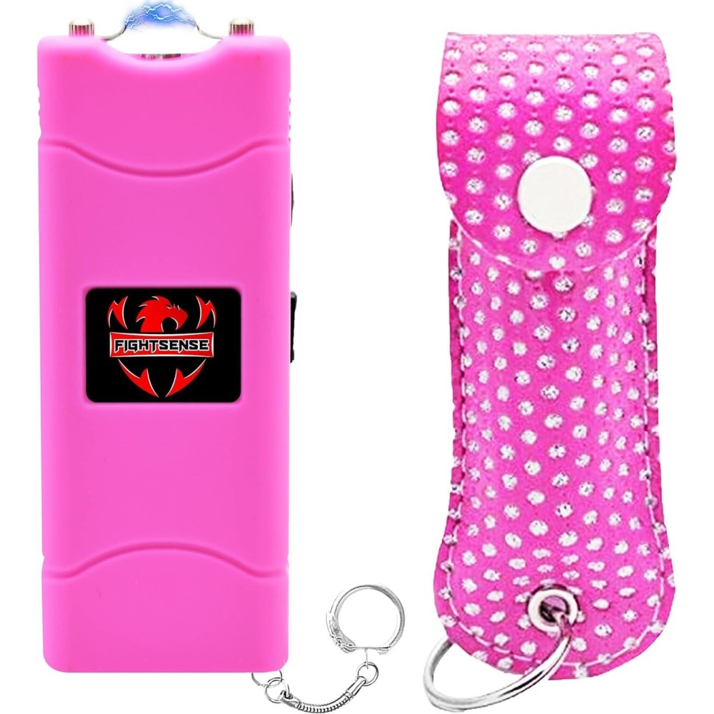 FIGHTSENSE Mini Stun Gun Keychain & Pepper Spray Combo Pack for Self Defense Kit - Extremely Powerful Stun Gun Flashlight for Women (Pink Bling)