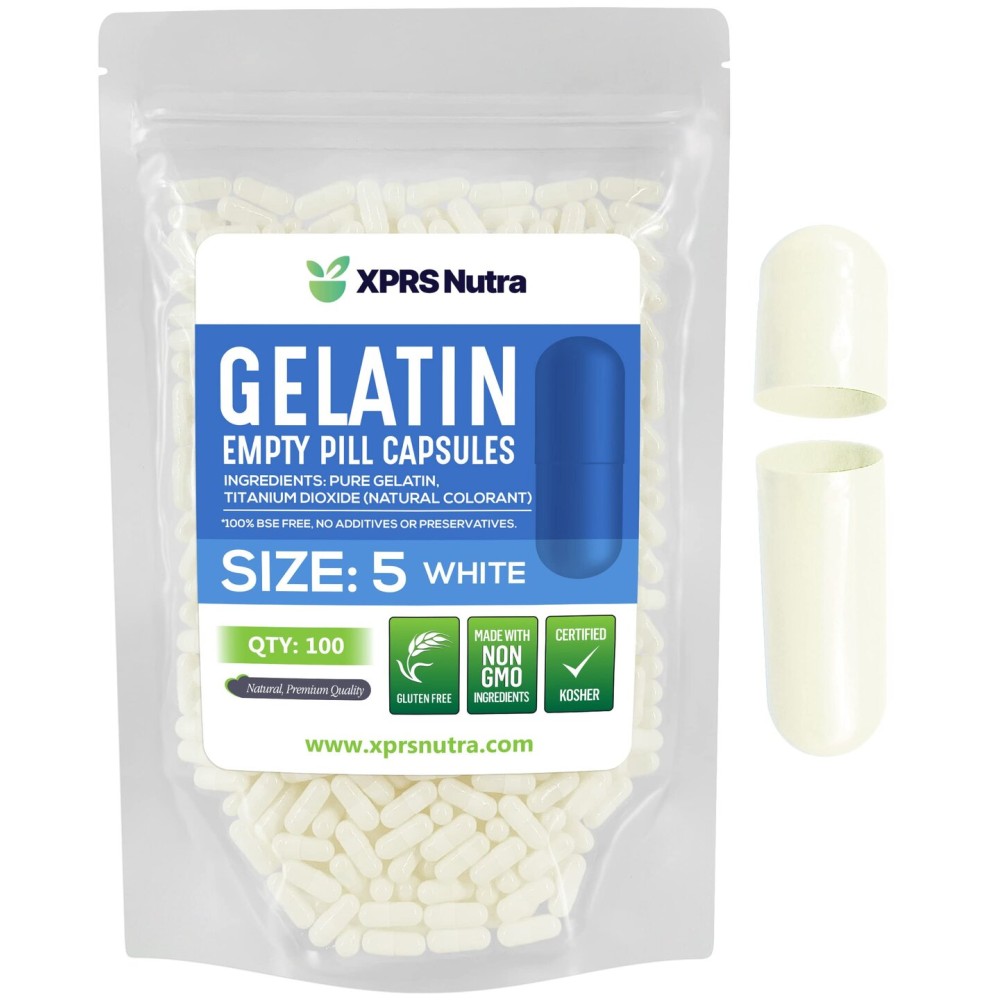 XPRS Nutra Size 5 Empty Capsules - 100 Count Very Small Empty Gelatin Capsules - Pills DIY Capsule Filling - Fillable Pill Gel Caps for Do-It-Yourself Vitamin Supplements (White)