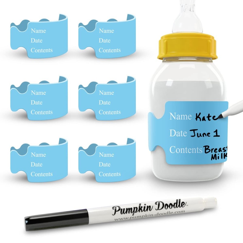 Pumpkin Doodle-The Original Write and Reuse Baby Bottle Labels for Daycare (Blue-Small) Compatible with Dr. Brown\'s 4oz Bottle