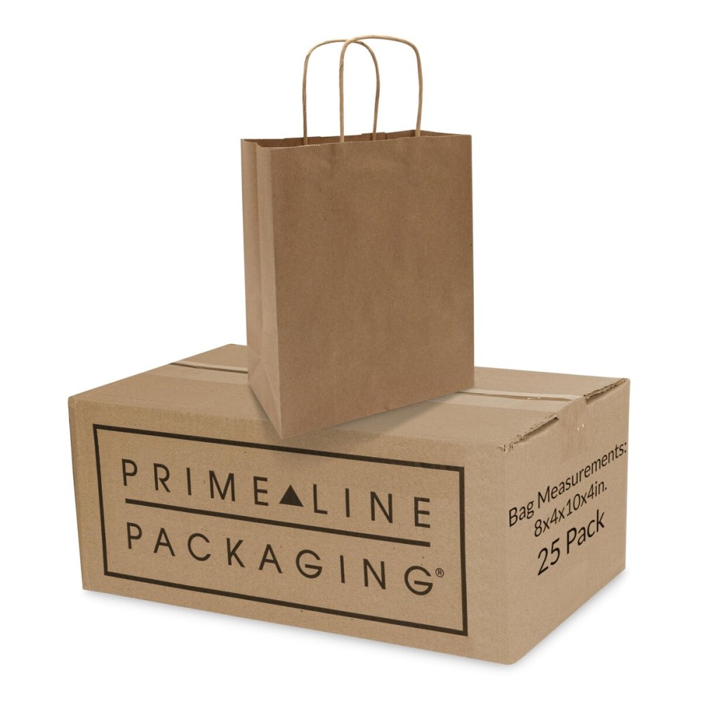 Prime Line Packaging Brown Paper Bags, Kraft Gift Bags with Handles for Small Business, Shopping, Retail & Boutique Use, Holidays, Party Favors, Bulk, 8x4x10, 25 Pack