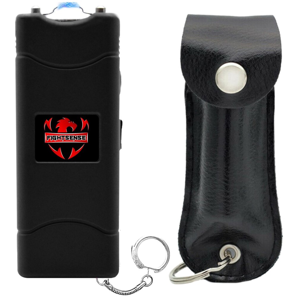FIGHTSENSE Mini Stun Gun Keychain & Pepper Spray Combo Pack for Self Defense Kit - Extremely Powerful Stun Gun Flashlight for Women (Black Bling)