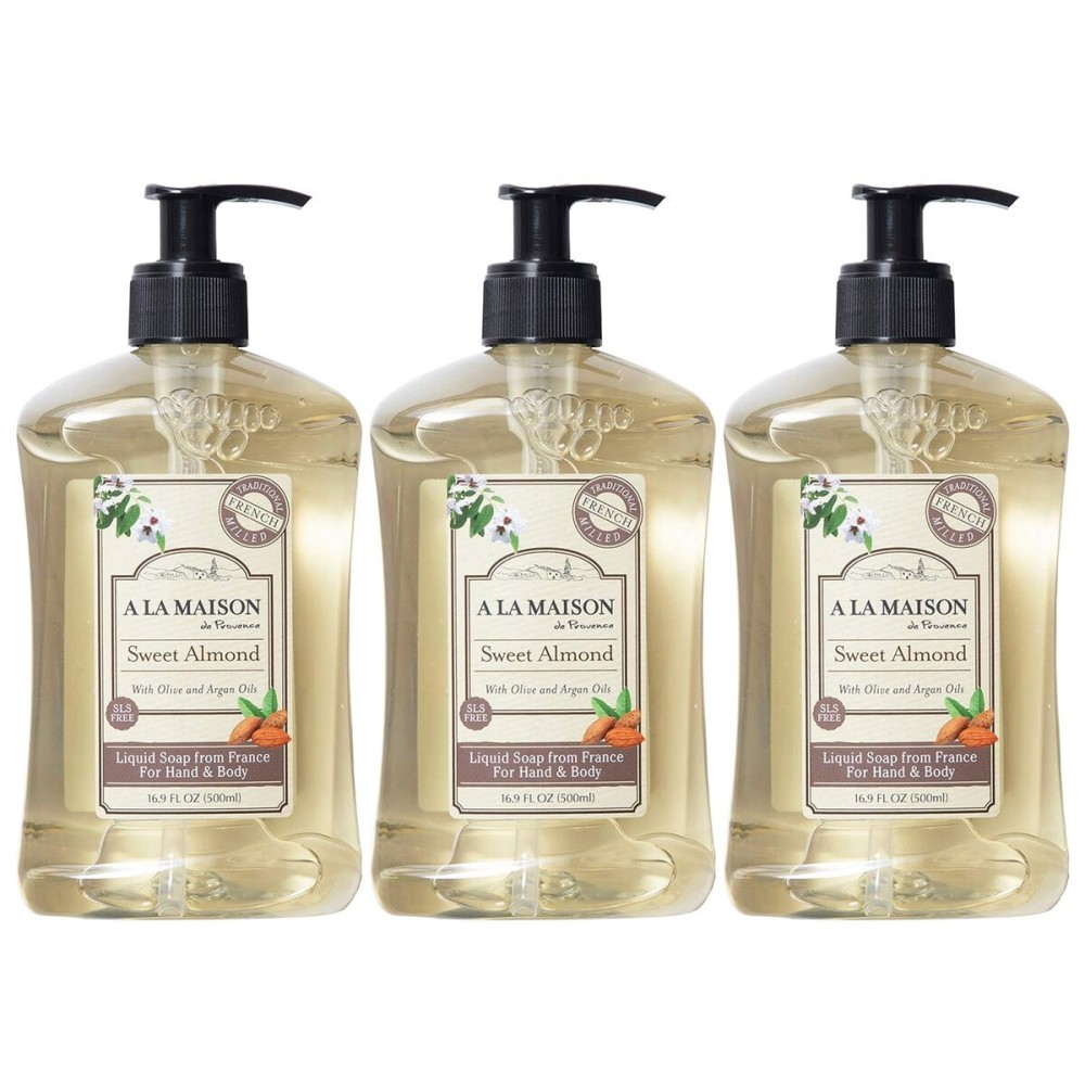 A LA MAISON French Liquid Hand Soap, Almond - Natural Hand Wash Made with Essential Oils - Biodegradable, Plant-Based, Vegan, Cruelty-Free, Alcohol & Paraben Free (16.9 oz, 3 Pack)