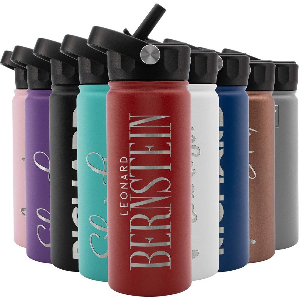 Amazing Items Personalized Water Bottle w/Straw & Lid, 18 oz - Fire Red | Custom Stainless Steel Sports Water Bottle w/Name and Text - Double-Wall, Vacuum Insulated - Rotating Handle