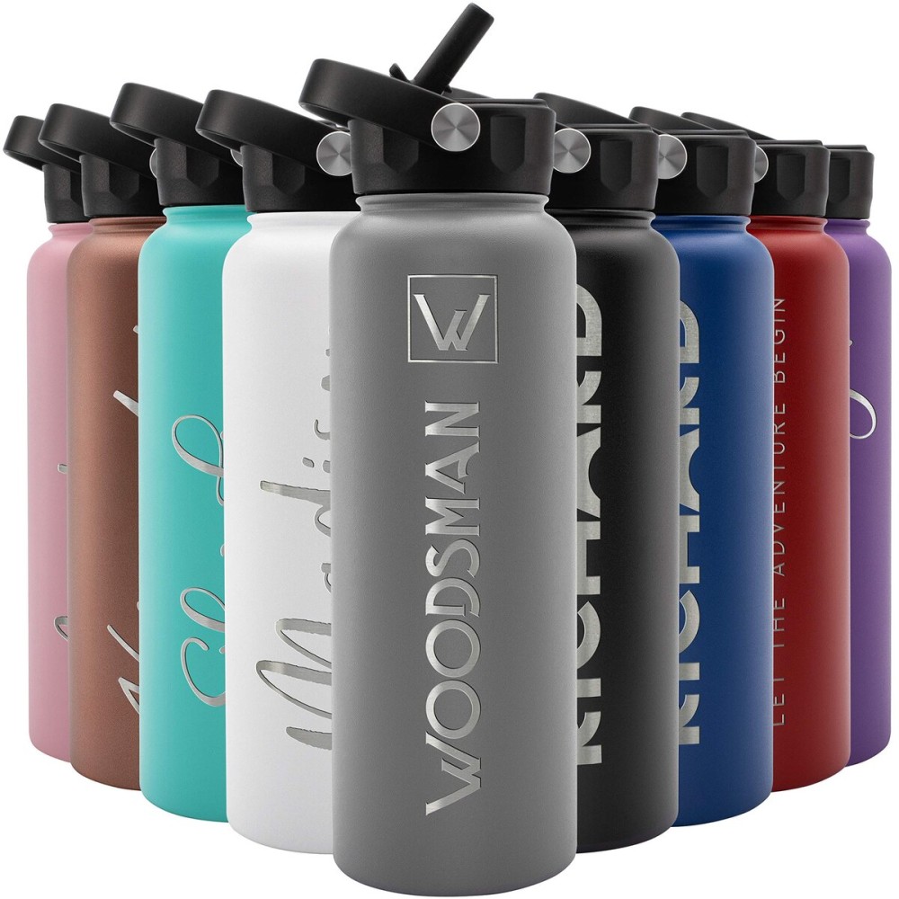 Amazing Items Personalized Water Bottle w/Straw & Lid, 40 oz - Gray | Custom Large Stainless Steel Sports Water Bottle w/Name and Text - Double-Wall, Vacuum Insulated - Rotating Handle