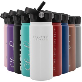 Amazing Items Personalized Water Bottle w/Straw & Lid, 18 oz - White | Custom Stainless Steel Sports Water Bottle w/Name and Text - Double-Wall, Vacuum Insulated - Rotating Handle