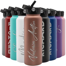 Amazing Items Personalized Water Bottle w/Straw & Lid, 40 oz - Rose Gold | Custom Large Stainless Steel Sports Water Bottle w/Name and Text - Double-Wall, Vacuum Insulated - Rotating Handle