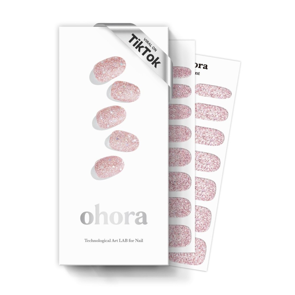ohora Semi Cured Gel Nail Strips (N Pixie Dust) - Nude, Glitter, Works with Any UV/LED Lamps, Salon-Quality, Long Lasting, Easy to Apply & Remove - Includes 2 Prep Pads, Nail File & Wooden Stick