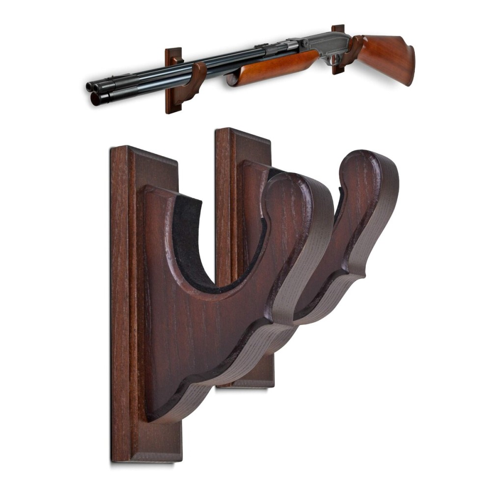 TESLYAR Gun Wall Mount - Figured Rifle Hooks, Wooden Gun Rack for Shotguns, Real Hardwood Holder, Set of 2, Umber Finish, Gun Hangers for Wall
