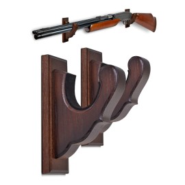 TESLYAR Gun Wall Mount - Figured Rifle Hooks, Wooden Gun Rack for Shotguns, Real Hardwood Holder, Set of 2, Umber Finish, Gun Hangers for Wall