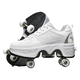 Double-Row Deform Wheel Automatic Walking Shoes Invisible Deformation Roller Skate 2 in 1 Removable Pulley Skates Skating Parkour (Silver, US 7)