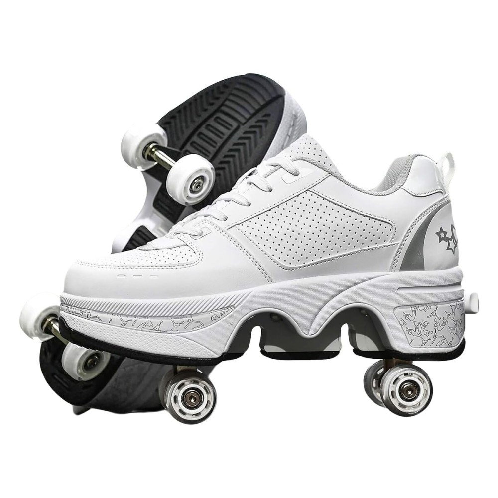 Double-Row Deform Wheel Automatic Walking Shoes Invisible Deformation Roller Skate 2 in 1 Removable Pulley Skates Skating Parkour (Silver, US 6.5)