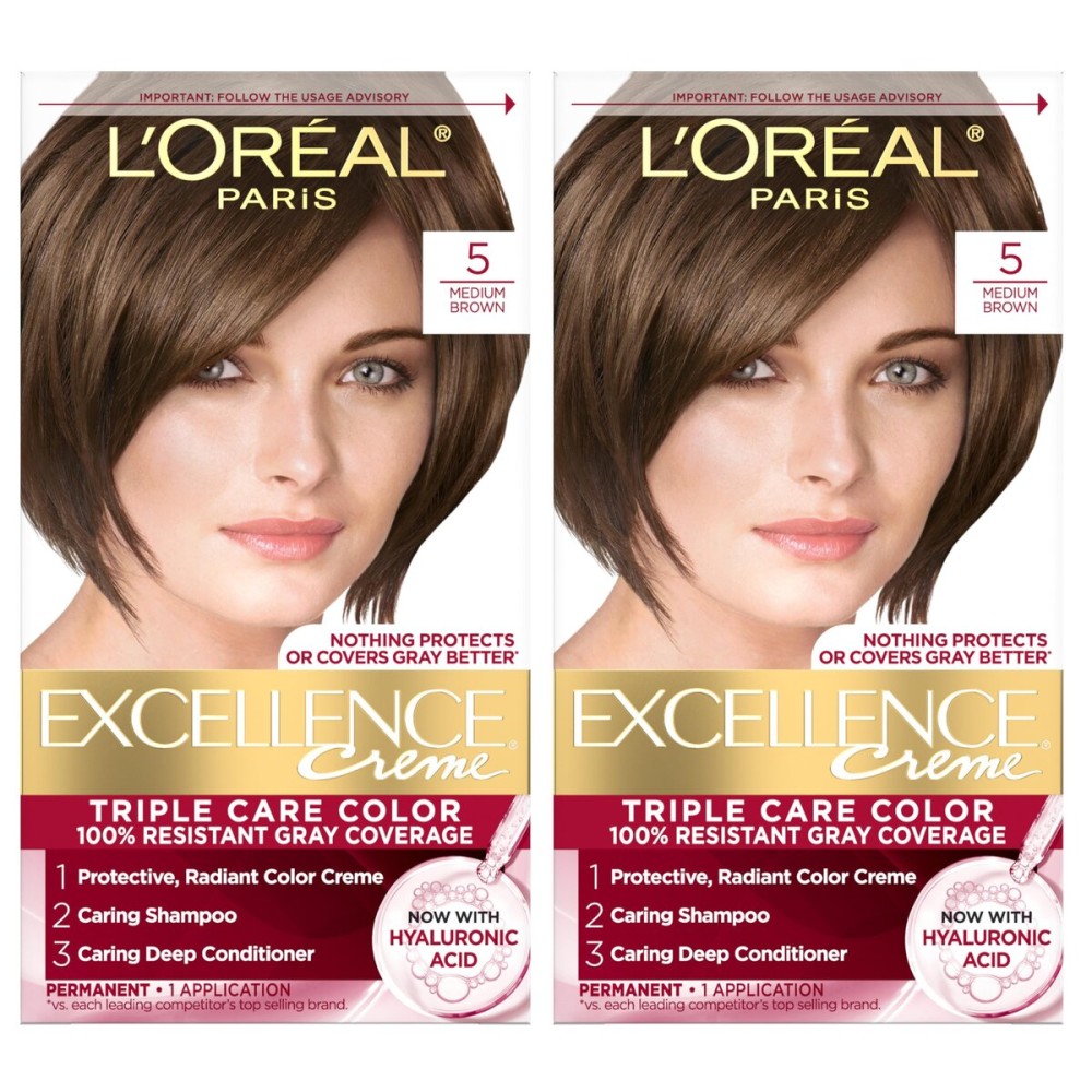 L\'Oreal Paris Excellence Crme Permanent Hair Dye, Triple Care Hair Color with Pro-Keratine Complex for 100% Gray Hair Coverage, 5 Medium Brown, 1 Kit (Pack of 2)