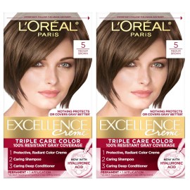 L\'Oreal Paris Excellence Crme Permanent Hair Dye, Triple Care Hair Color with Pro-Keratine Complex for 100% Gray Hair Coverage, 5 Medium Brown, 1 Kit (Pack of 2)