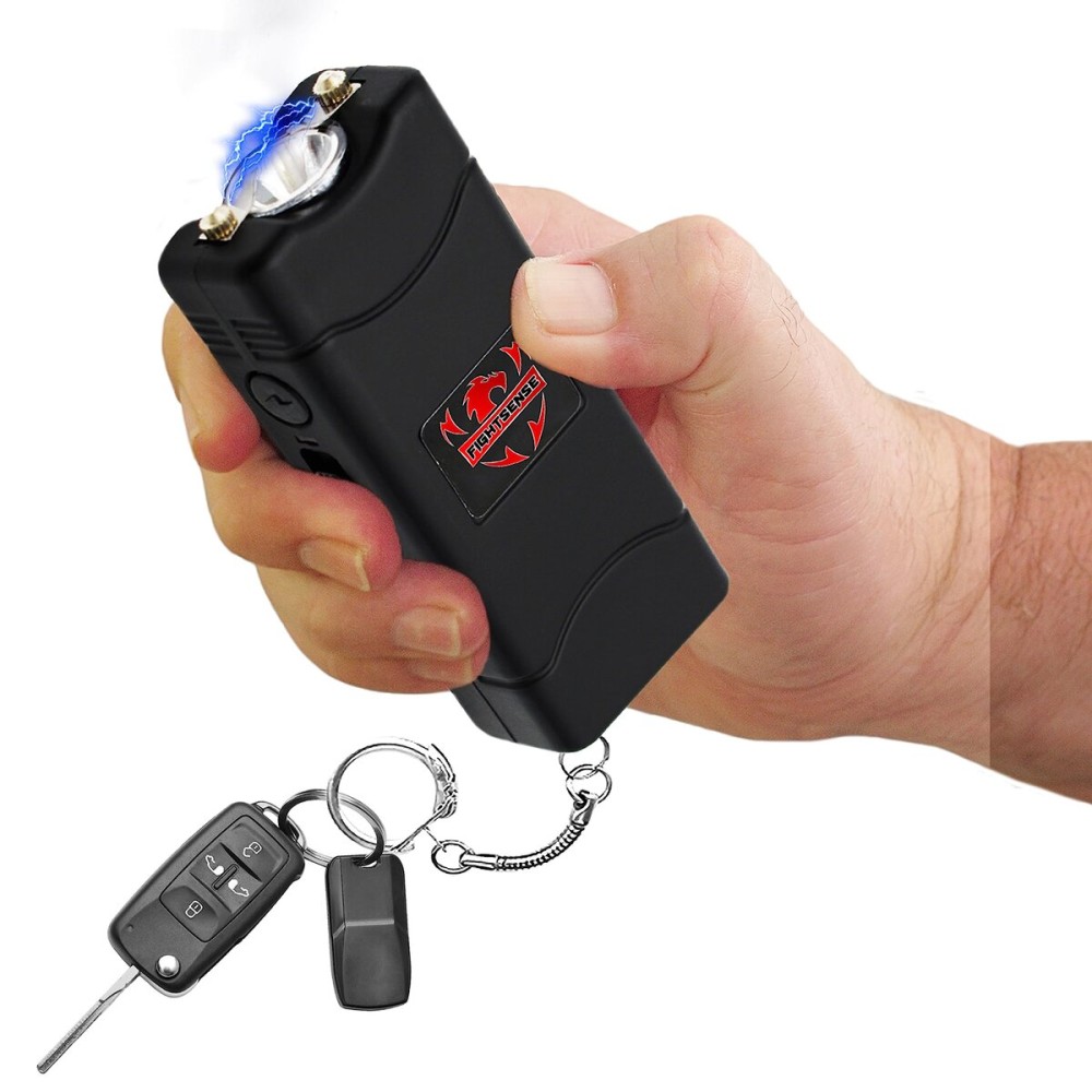 FIGHTSENSE Super Heavy Duty Keychain Stun Gun with Flashlight for Men and Women self Defense Device, Rechargeable Stun Gun, Nylon Holsters (Black)
