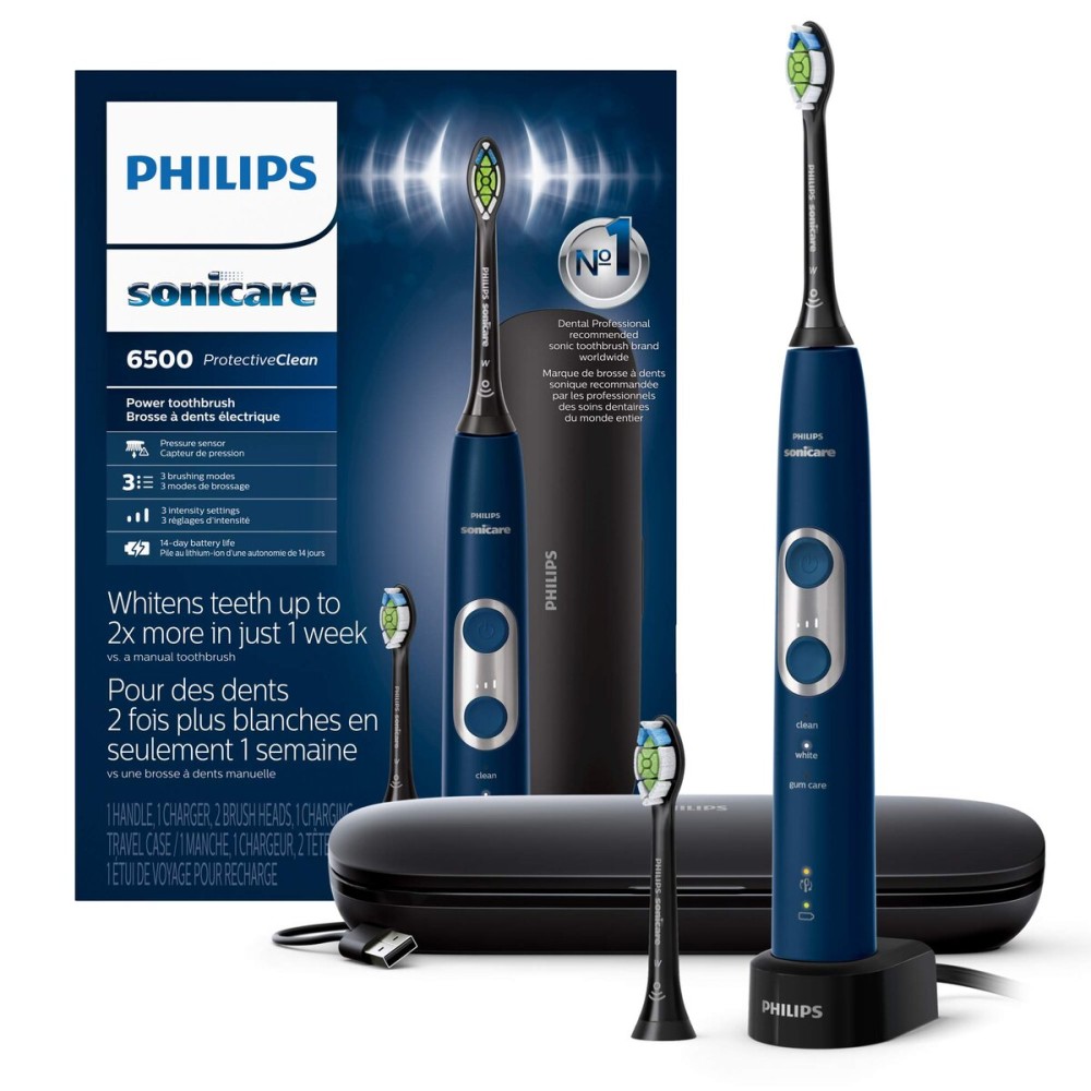 Philips Sonicare ProtectiveClean 6500 Rechargeable Electric Toothbrush, with Pressure Sensor, 3 Cleaning Modes, SmarTimer and QuadPacer, 14-Day Battery Life, Charging Travel Case, Navy Blue, HX6462/07