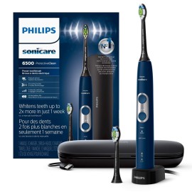 Philips Sonicare ProtectiveClean 6500 Rechargeable Electric Toothbrush, with Pressure Sensor, 3 Cleaning Modes, SmarTimer and QuadPacer, 14-Day Battery Life, Charging Travel Case, Navy Blue, HX6462/07